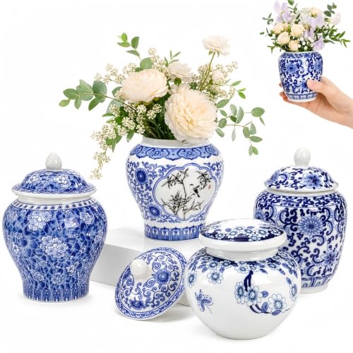 Tlence 4 Pack Small Blue and White Vases, Ceramic...