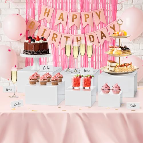 OdoVow 6 Pcs Buffet Risers, Food Risers for Buffet Table, Catering Dessert Cake Stand for Party, Collectibles Jewelry Display Stand, White Cube Boxes Nesting Risers with Mini Signs (5"-10") — view 5