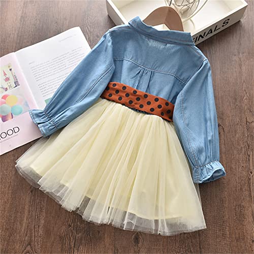 Kids Girls Denim Dress with Tutu Skirt Toddler Princess Tulle Dress Long Sleeve Casual Dress with Dot Belt 18M-6T (Blue, 3-4 Years)3