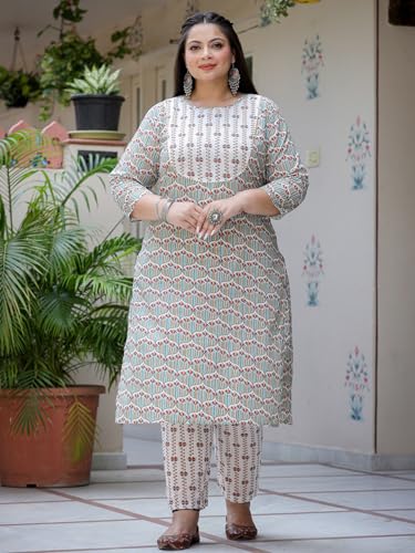 Image of YUFTA White And Green Printed Cotton Straight Plus Size Plus Size Kurta Trousers & Dupatta Set (9692PSKDWH )