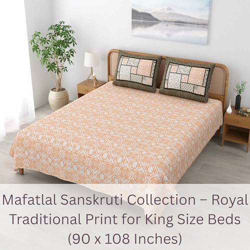 Image of Mafatlal 144 TC Sanskriti Cotton King Bedsheet | 90 x 108 Inches | Soft & Skin-Friendly | Handcrafted Jaipuri Print | 2 Pillow Covers | Persian Melon