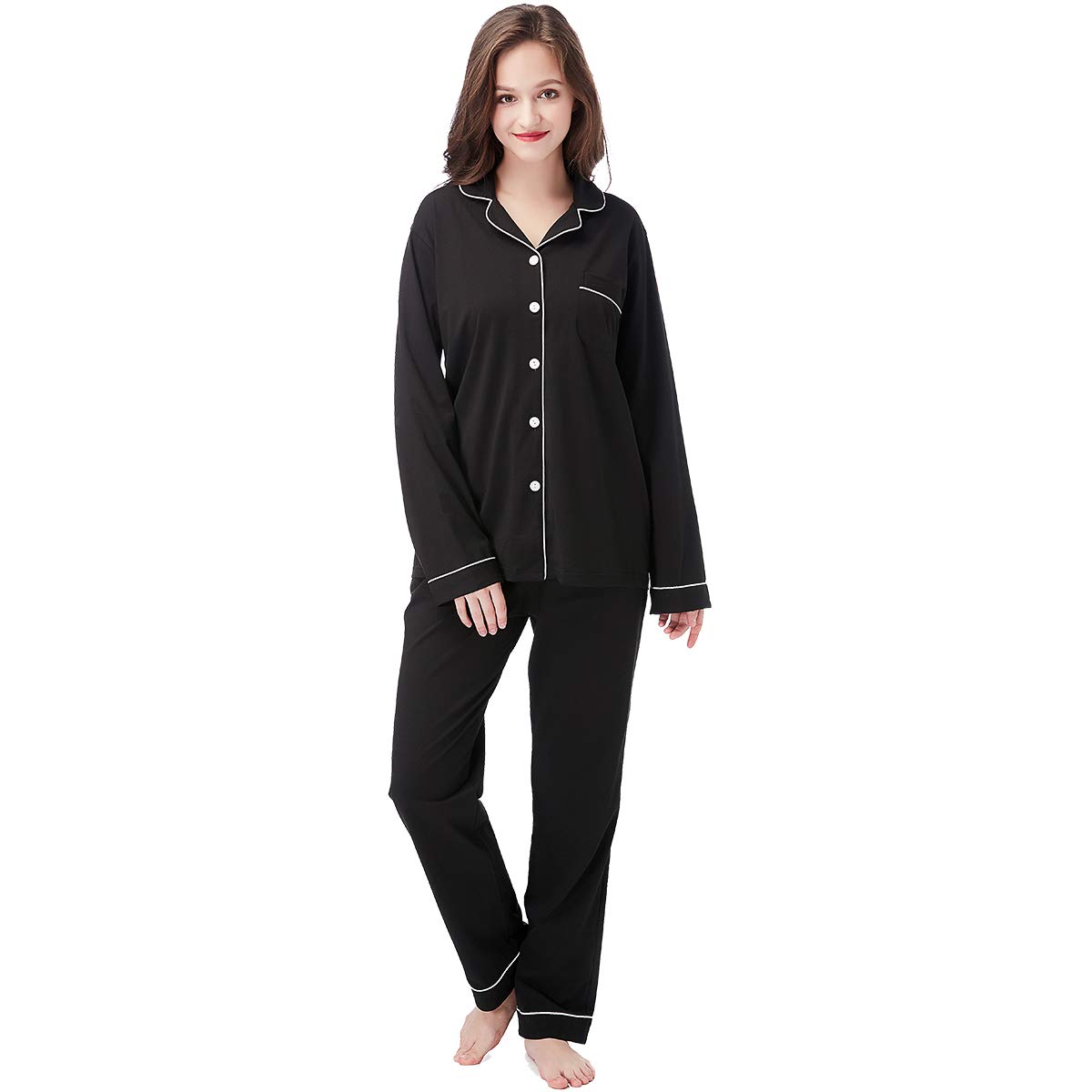 Pajama Set for Women - Long Sleeve Cotton Jersey Lounge Sets Button Down Nightwear, XS-XL Black