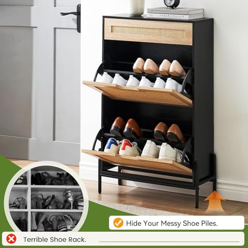 GAOMON Natural Rattan 2 Flip Down with 1 Drawer Free-Standing Shoe Rack, Shoe Cabinet Wood Organizer Freestanding with 3-Tier Adjustable Shelves for Entryway Hallway Doorway, Black