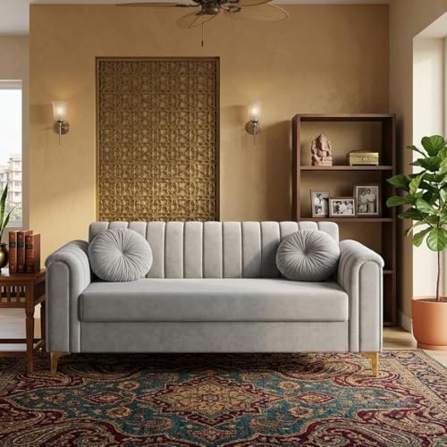 Image of FURNY Dorino 2 Seater Fabric Sofa Set (Light Grey) Premium Velvet Finish Durable & Comfortable Ideal for Living Room