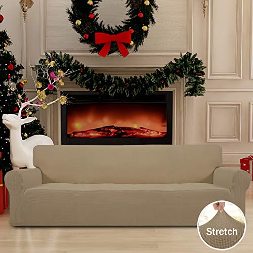 Image of Easy-Going Stretch 4 Seater Sofa Slipcover 1-Piece Sofa Cover Furniture Protector Couch Soft with Elastic Bottom for Kids, Polyester Spandex Jacquard Fabric Small Checks Tan