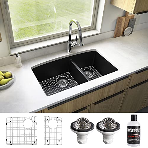 Karran Qu-711 Undermount Quartz Composite 32 In. 60/40 Double Bowl Kitchen Sink Kit In Black #TOP17
