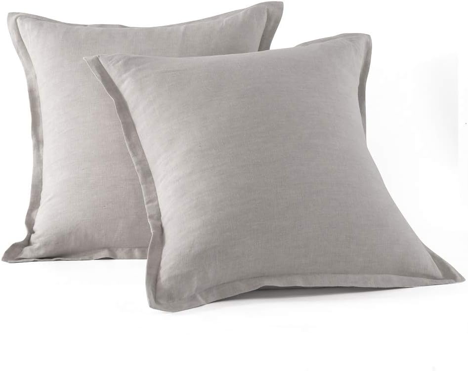 meadow park Stone Washed French Linen European Pillow Shams, Set of 2 Pieces, 26 inches x 26 inches Square Euro Sham, Super Soft, 1 inches Flange, Natural Color