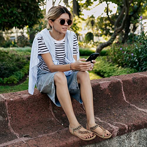 Harence Womens Sandals Flats Shoes Comfortable Cushion Footbed Orthopedic Sandals Summer Gladiator Bohemian Beaded Elastic Ankle Strap Slip On Shoes #TOP1