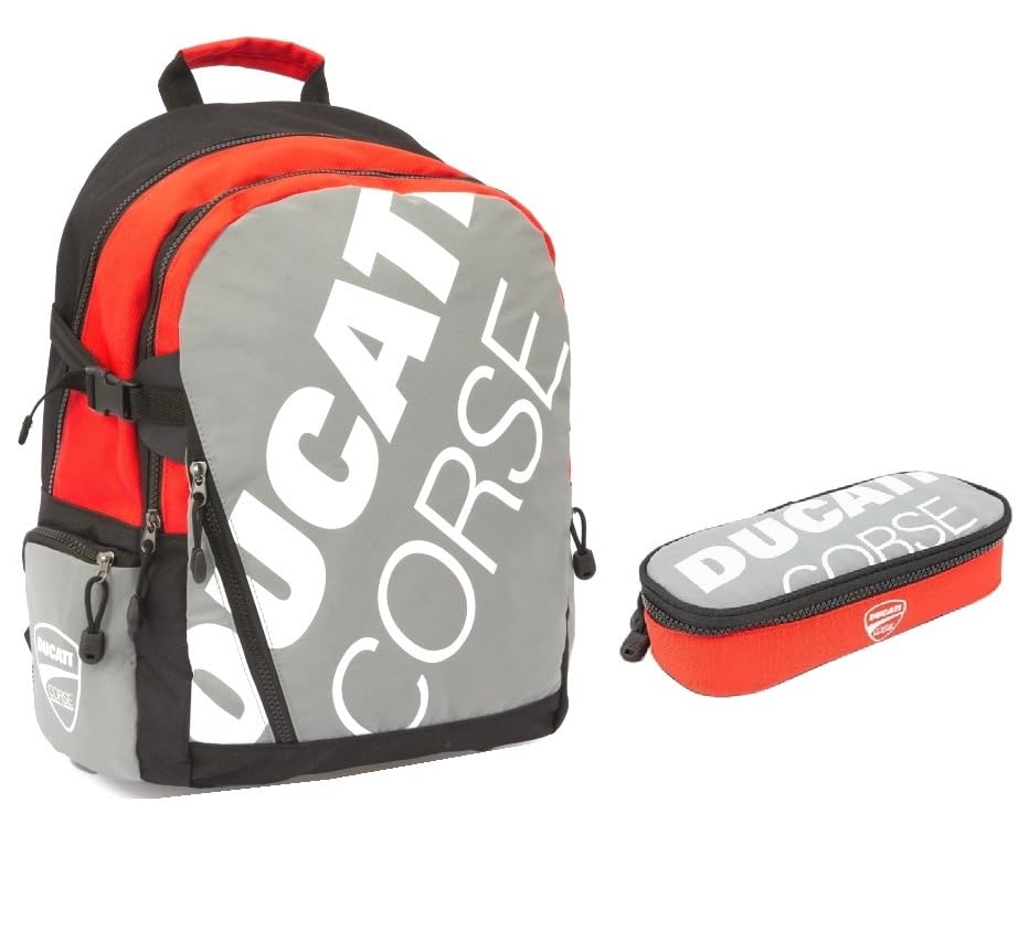PRESTIGE & DELUXE Zaino Scuola Round Ducati Corse Tondo 3 Scomparti zip per bambini primaria media + astuccio ovale zip