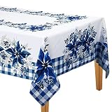 Peryiter Blue and White Christmas Tablecloth 60 x 84 Inch Blue Poinsettia Christmas Tablecloth Decorations Winter Reusable Xmas Plaid Bordered Fabric Table Cloth for Christmas Party