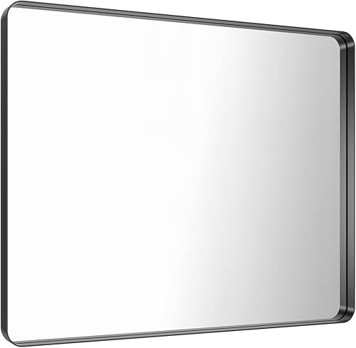 Miniatura 360 de LOAAO - Espejo de tocador para baño con marco de metal negro mate de 24 x 32 pulgadas para pared, rústico, rectangular, grande, redondeado