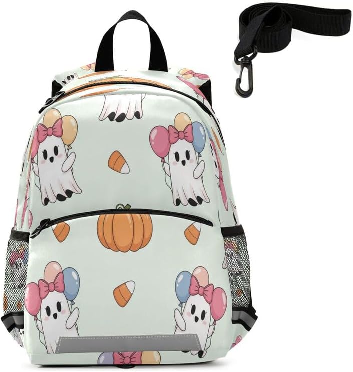 QUGRL Halloween Ghosts with Balloons Toddler Backpack for Boys Girls Kids School Backpack with Chest Strap Leash Preschool Schoolbag Nursery Kindergarten Bag for Daycare Travel Hiking School