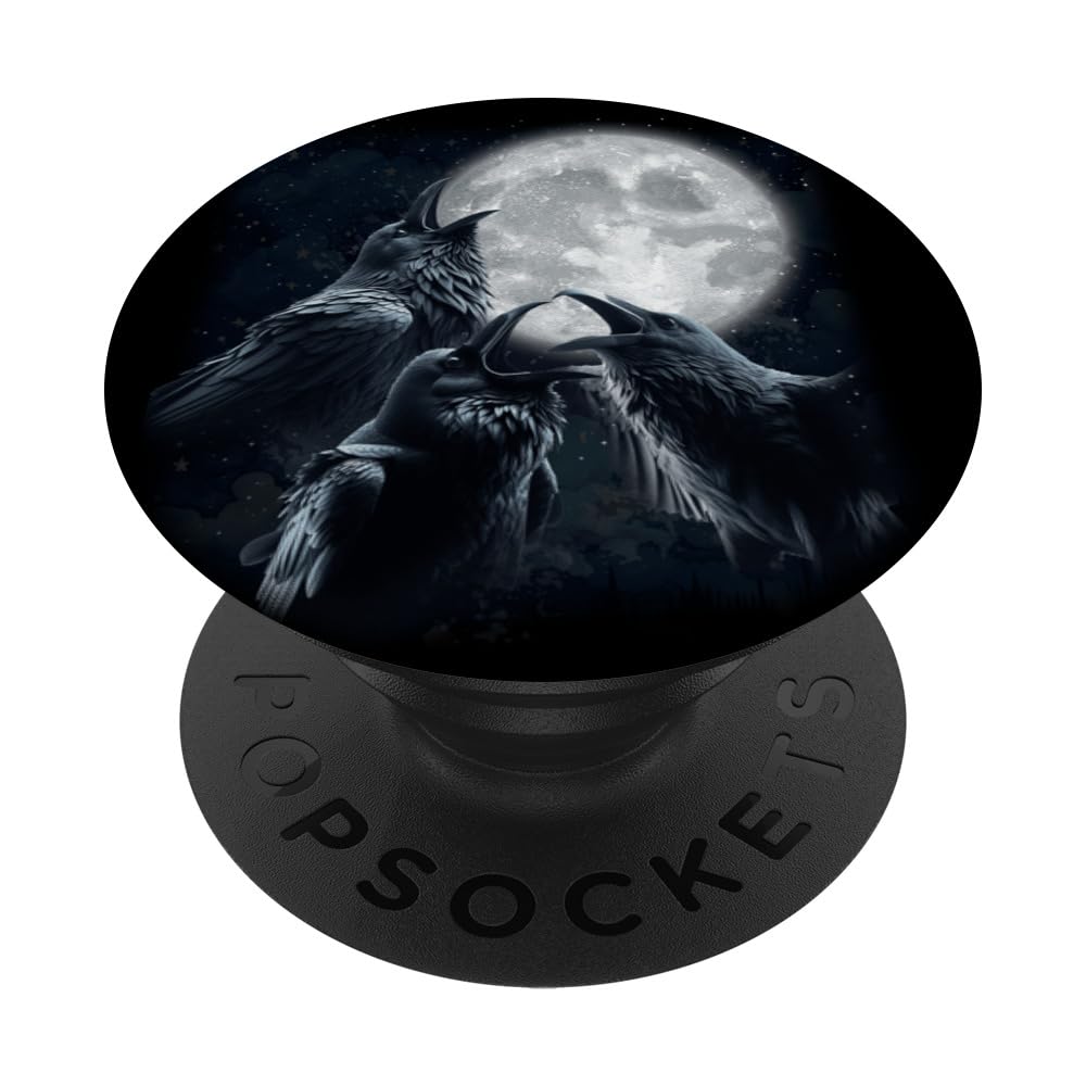 3 Black Raven Howling At The Moon Funny Crow Raven Bird Kids PopSockets Swappable PopGrip