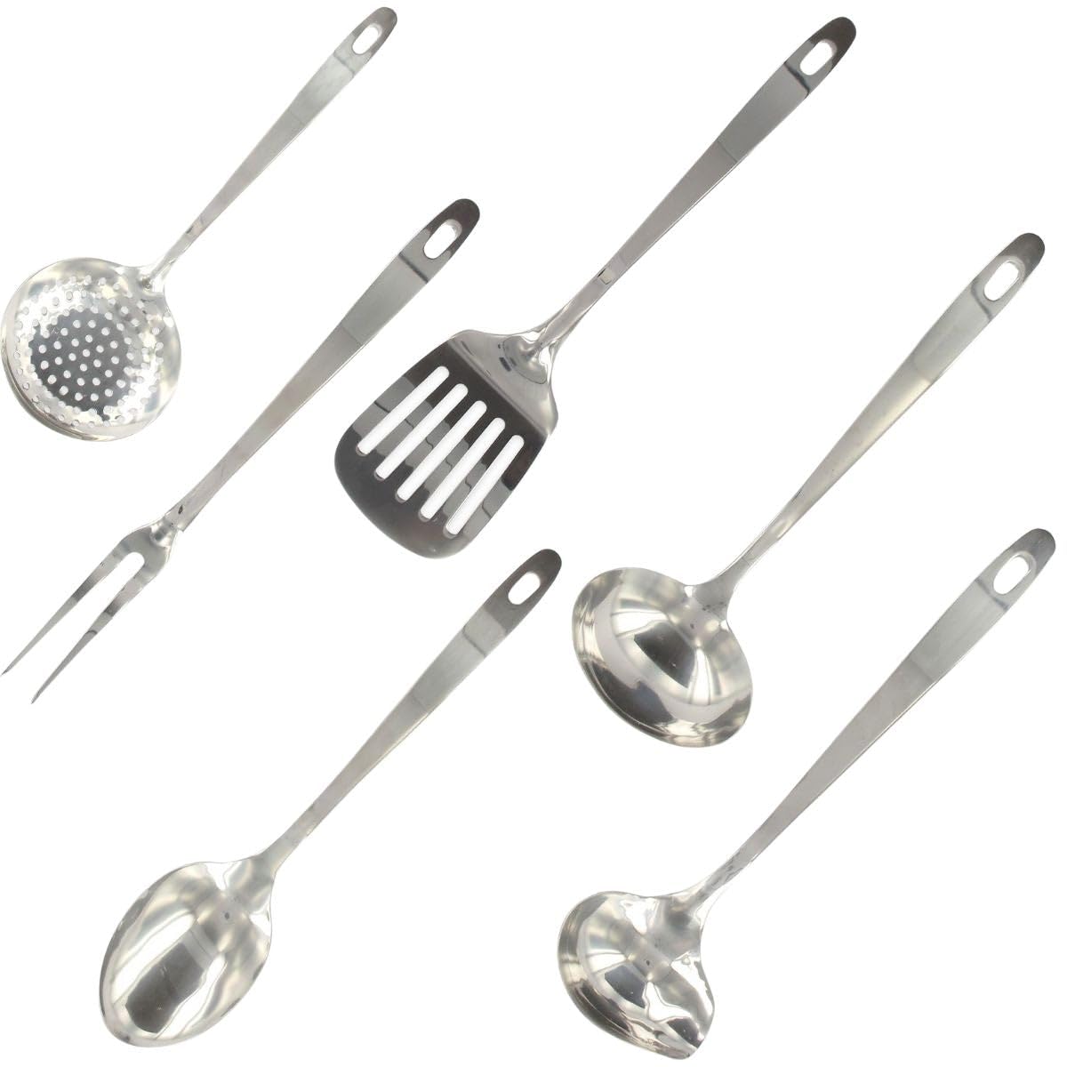 Fackelmann 9990650 Küchenhelfer-Set, 6-teilig, Skimmer, Gabel, Servierschaufel, Löffel, Schöpfkelle, Edelstahl, 28-32 cm