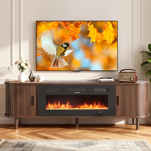MXV 70 Fluted Fireplace TV Stand Mid Century Modern TV Stand with 36 Fireplace for TVs Up to 80 Entertainment Center with Sliding Door & Solid Wood Legs for Living Room Walnut
