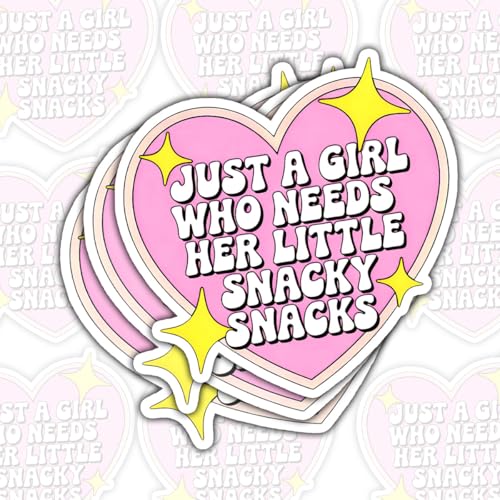 3 Pcs Just A Girl Who Needs Her Little Snacky Snacks Sticker, Cute Food Humor Quote Decal, Pink Heart Sassy Saying, Stickers Die-Cut Waterproof for Laptop, Water Bottle, Phone, Window, Helmet