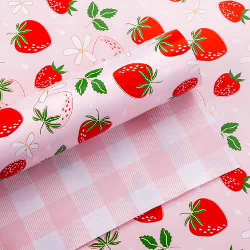 Flyhill Reversible Pink Strawberry Wrapping Paper Roll Cute Strawberry Flower with Pink Plaid Gift Wrap for Girls Wedding Birthday Valentines Day Baby Shower17 IN x 16.5 FT