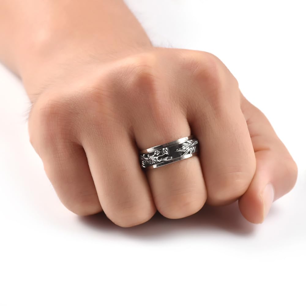 IMINI Drachen-Fidget-Band, drehbar, Edelstahl, Punk, cooles Tier, Angst, Stressabbau, frei drehbar, Bikerring, Versprechenband für Männer, Jungen, Frauen, Geburtstag, Vintage-Schmuck, Geschenke