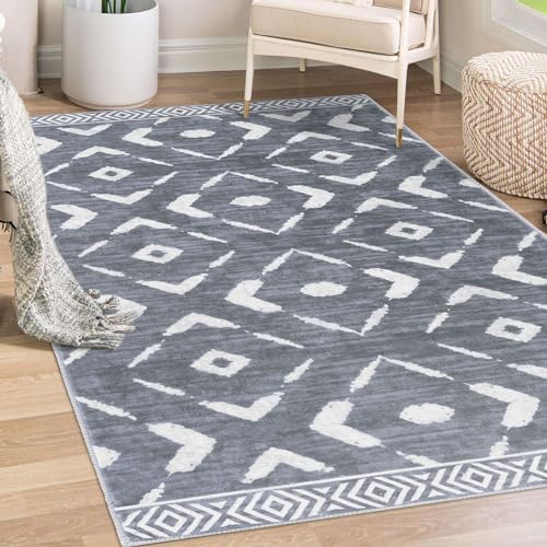 KILOCOCO Area Rug 3'x5' Rug for Entryway Washable Printed Bedroom Rugs Non Slip Boho Low-Pile Soft Rugs for Kitchen Dining Geometric Moroccan Carpet, Dark Grey