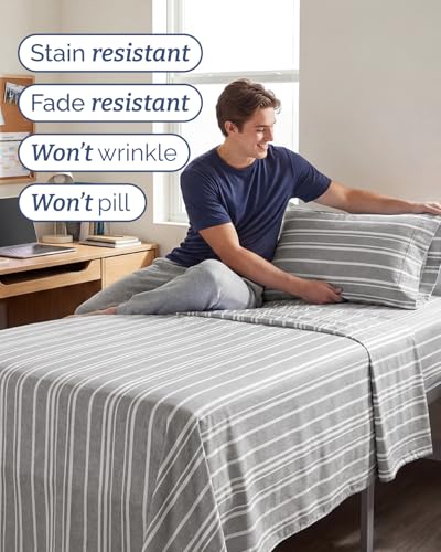 Image of Twin XL 4 Piece Sheet Set - College Dorm Room Essentials - Grey Stripes | Ultra Soft Dorm Bedding Set, 8 inch to 16 inch Inch Deep Pockets, 1 Flat & 1 Fitted Sheet & 2 Pillowcases, Wrinkle & Fade Free