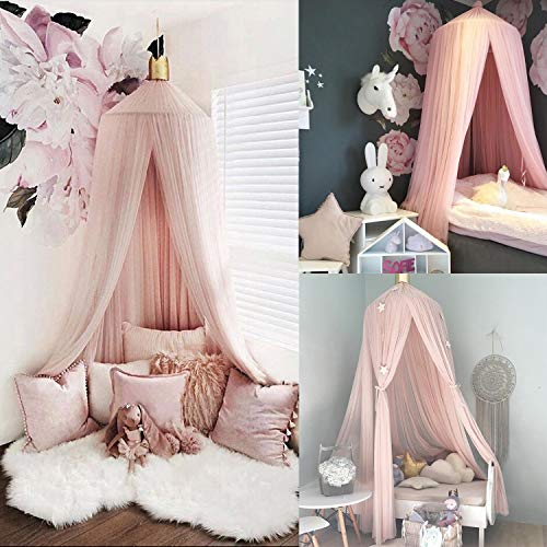 Image of Jolitac Princess Bed Canopy for Girls Room Decor Round Lace Mosquito Net Play Tent Reading Nook Canopies Yarn Girl Dome Netting Castle (Pink)