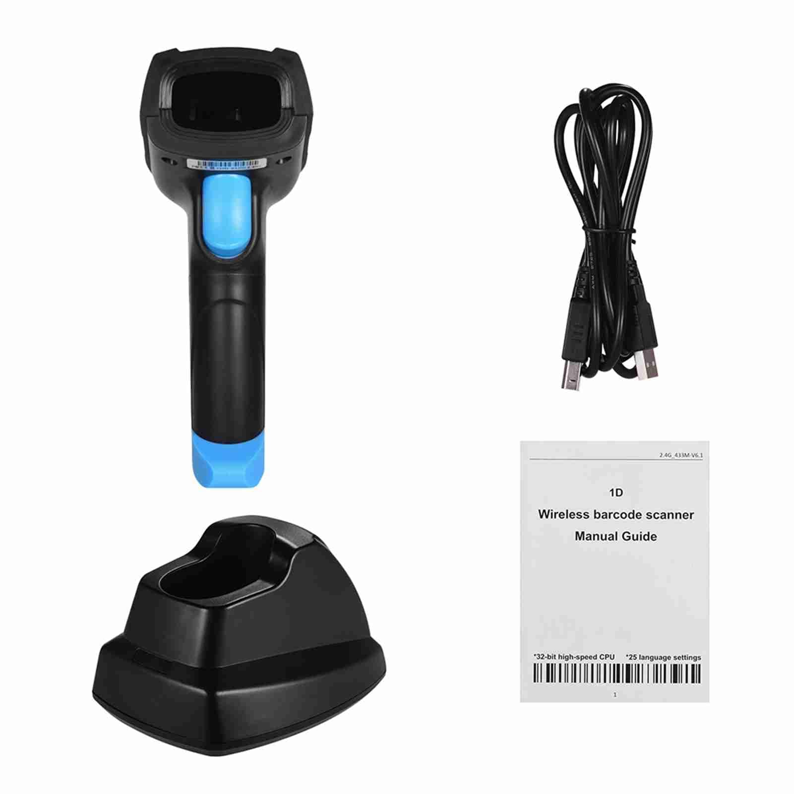Wireless Barcode Scanner 1D 2D QR Code Reader with USB Charging Cradle Receiver Base, 100m Transmission Distance, Long Range Handheld Bar Scanner for Supermarket Retail Store (1D)