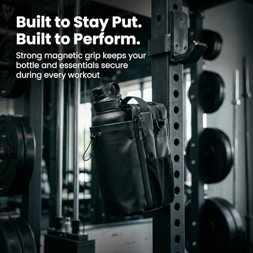 Image of Magnetic Gym Bottle Holder Bag | Strong Magnet Water Bottle Carrier with Storage Pockets & Zippered Compartments | Gym, Fitness & Workout Accessory | Black | Faux Leather