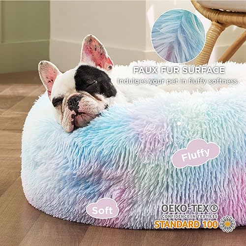 Image of Bedsure Calming Dog Bed for Small Dogs - Donut Washable Small Pet Bed, Round Anti-Slip Fluffy Plush Faux Fur Large Cat Bed, Fits up to 25 lbs Pets, Multi-Colored, 23 inches