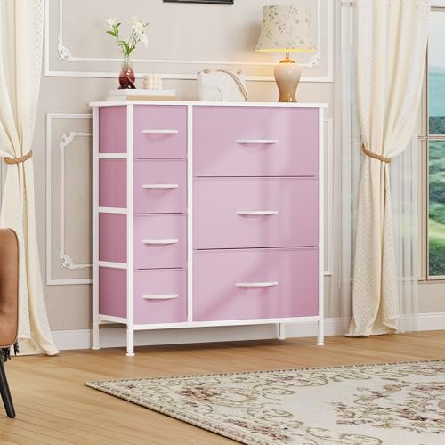 DWVO Dresser for Bedroom, 7 Drawers Fabric Dresser, Organizer Unit for Living Room, Hallway, Closets - Sturdy Steel Frame, Wooden Top & Easy Pull Fabric Bins, Pink