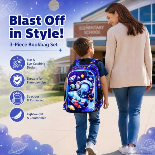 Image of UFNDC 3PCS Boys Elephant Backpack, Kids Space Bookbag with Lunch Box, Water Resistant Rocket School Bag for Elementary Preschool Toddler