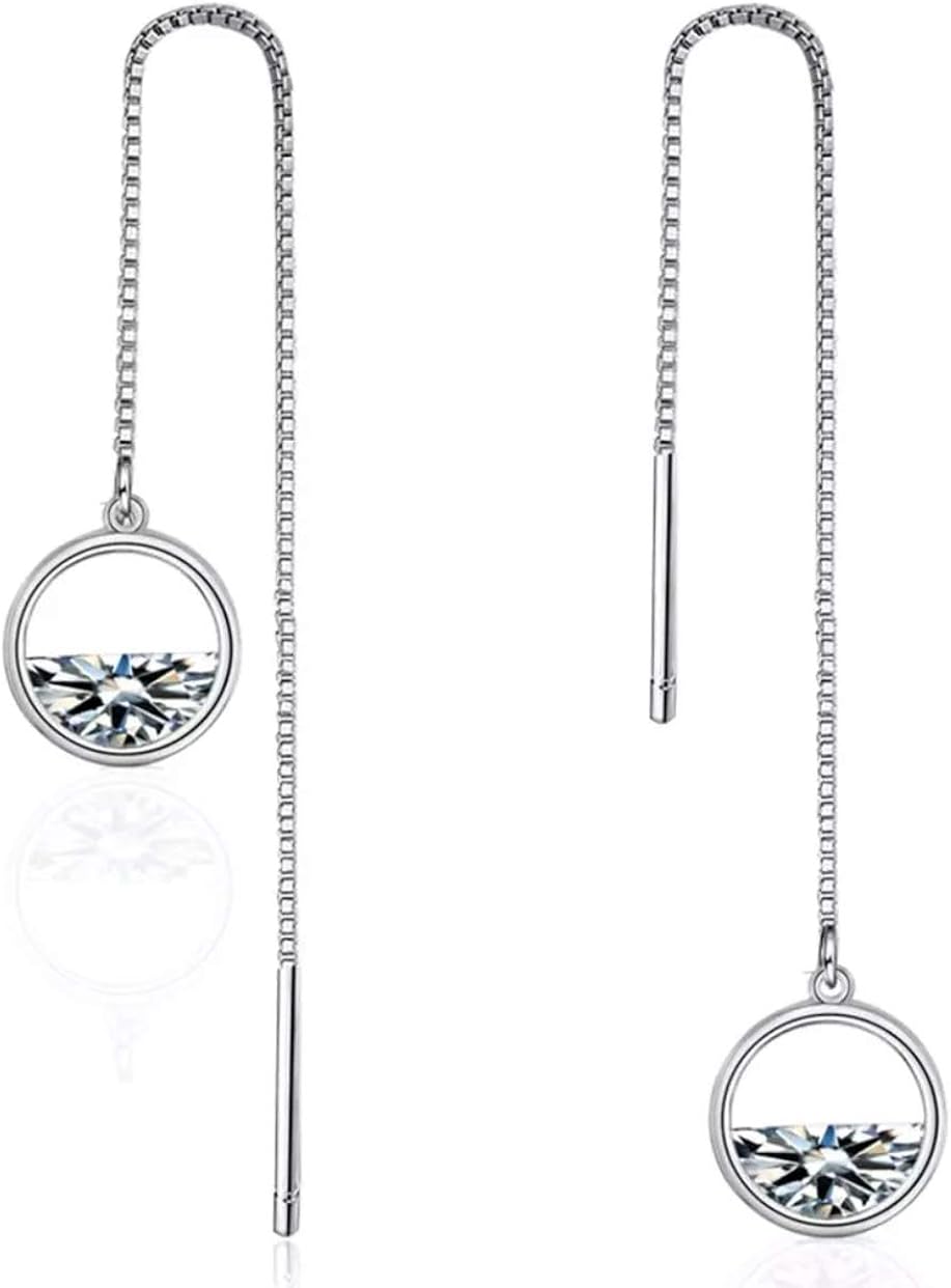 Iszie 925 Sterling Silver Half Cubic Zirconia Crystal Circle Threader Dangle Pull Through Circle Women's Earrings