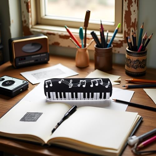 Image of 1pc Black Creative Single Layer Music Notes Piano Keyboard Oxford Cloth Pencil Case,Large Capacity Pencil Holders and Pen Holders Stationery Office Supplies Organization and Storage,Marker Cases