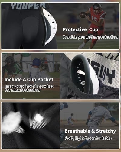 Youper Athletic Supporter, Compression Shorts w/Elite Protective Athletic Cup, Adult Sizes (Black, Small) - Thumbnail 3