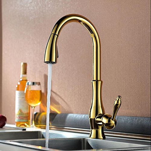 Alta calidad superior del oro de cobre amarillo acabado del fregadero de cocina Pull Out grifo, grifo mezclador con la extracción en Cabeza de ducha