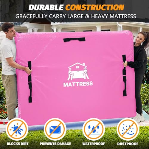 Image of Mattress Bags for Moving, BETU Mattress Protector Waterproof Mattress Cover Storage Bags with 8 Heavy-Duty Handles and Zipper for Bed Extra Thick Large Reusable,82 inchx42 inchx15 inch,Pink