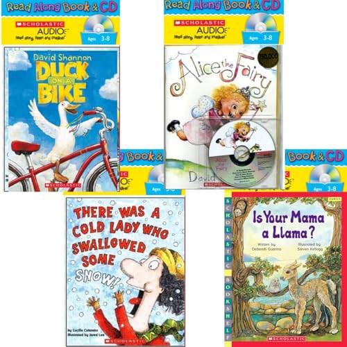 Scholastic Storytime Set: Duck On A Bike; Alice the Fairy; Is Your Mama A Llama? There Was A Cold Lady That Swallowed Some Snow (Paperback & CD Collection)