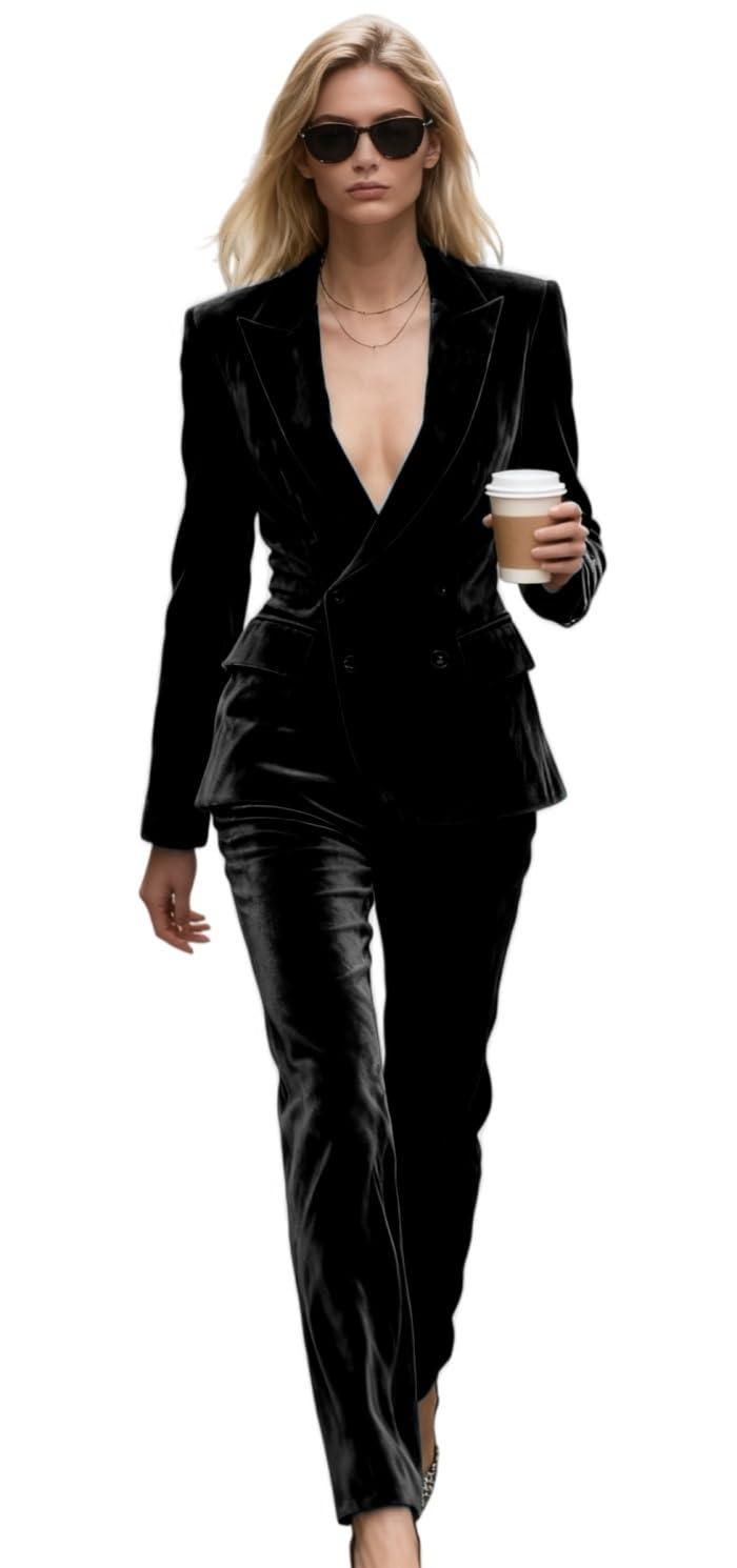 Botong Velvet Suit Women Peak Lapel Business Suit for Work Professional Blazer Pants Outfit Black