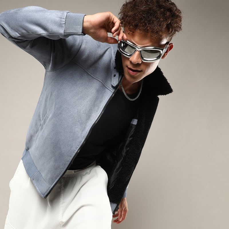 Image of Campus Sutra Men's Grey Zip-Front Jacket With Fleece Detail For Casual Wear | High Neck | Long Sleeve | Zipper Closure | Suede Jacket Crafted With Comfort Fit For Everyday Wear