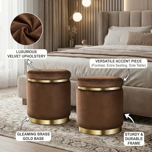 Image of AHAMNA Decorative Ottoman Pouffes for Sitting - Two-Piece Set of Puffy Stools and Footstools - Round Ottoman Stool for Living Room Furniture (Brown)