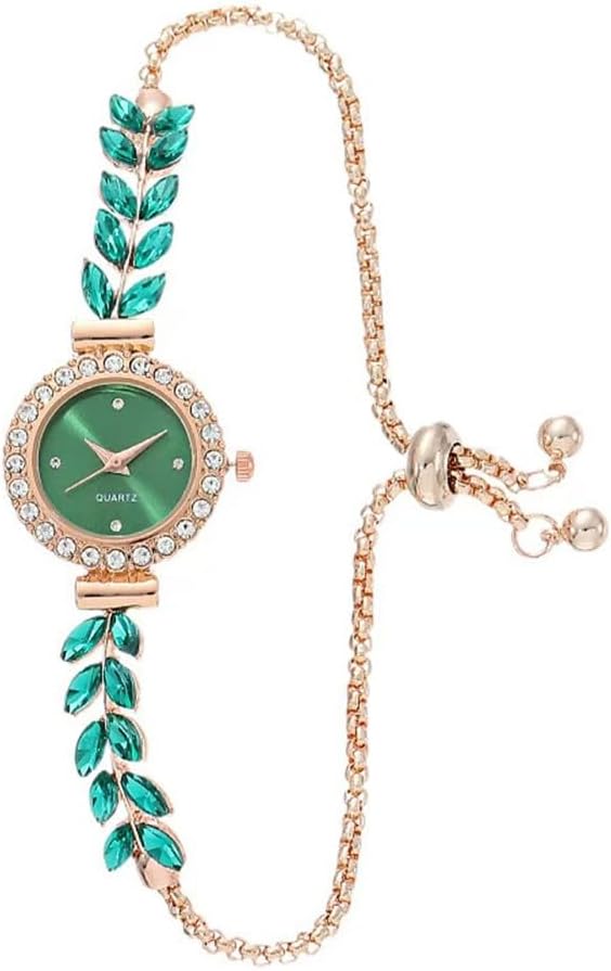 MINILUJIA Elegant Luxury Womens Wrist Watch with Small Gold Dial Bling Green Olive Leaves Rhinestones Watch Band Dress Analog Slim Bracelet Lady Watch Adjustable Strap