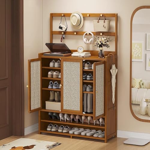 angrounps Mueble Zapatero de 4 Puertas Armario de 7 Niveles para Zapatos Mueble Auxiliar con Gancho y Estantes Ajustables para Entrada de Salón 131X32X156CM