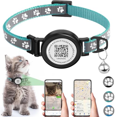 Image of Waterproof Cat Collar with QR TAG & Reflective, Footprints Pattern, Lightweight Kitten Collar for Apple Tag, Hidden GPS Tracker Holder for Cats, Kittens (Teal) (7-12 inch)
