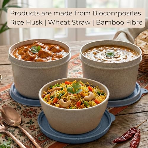 Image of Happy Cove Eco Friendly Lunch Box for Office Use, Made of Wheat Straw and Rice Husk, 3 Microwave Safe Blue Containers, Tiffin Box for Men with Grey Lunch Bag, Microwave Safe, Oven Safe, Unbreakable