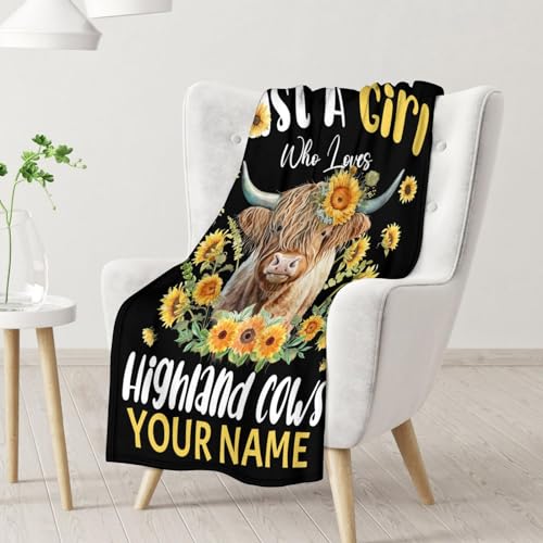 Personalized Highland Cow Blanket Gifts with Name - 50x60 Inches Cute Throw Blanket for Girls - Black Soft Fuzzy Blankets for Bed, Couch & Living Room