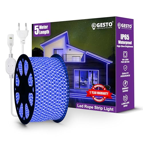 Image of Gesto 5 Meter Rope LED Strip Lights | 120 LED /Mtr Waterproof Outdoor Lights for Balcony, Home Decor, Cove Light for False Ceiling | Flexible, Cuttable Strip Light for Diwali Decoration - Blue