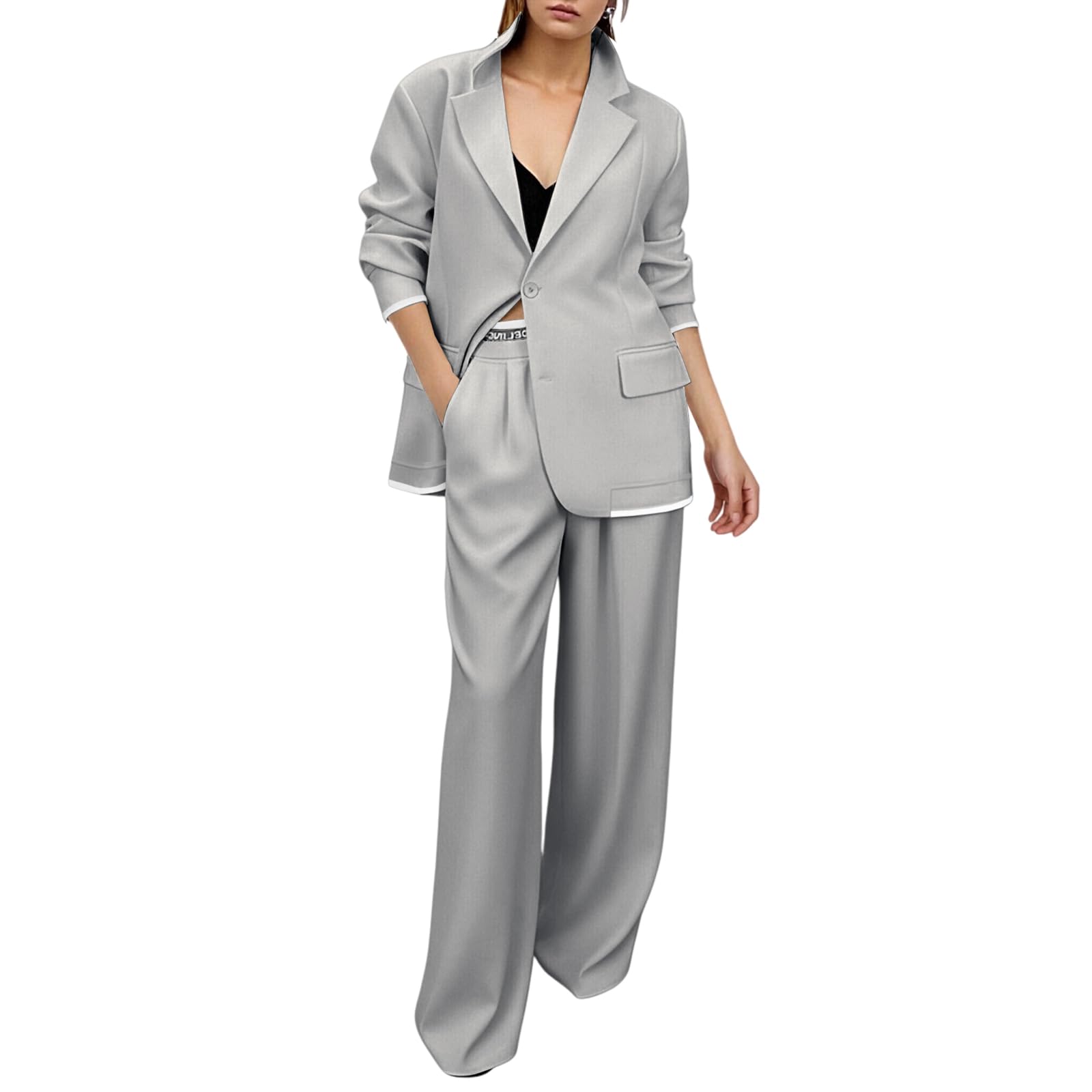 Women Suits 2 Piece Set Business Casual Oversized Blazer Jacket and Wide Leg Dress Pantsuits Formal Outfits
