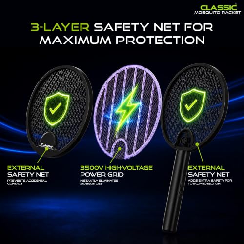 Image of Mosquito Killer Racket, Mosquito Bat Electric with UV Light | 3500V Fly Swatter, 1200mAh Rechargeable Battery, 2-in-1 Mosquito Killer Lamp for Home, Foldable Body, Black