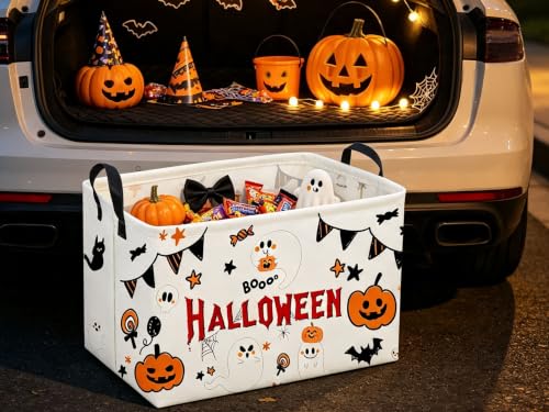 Image of Sanjiaofeng Rectangular Halloween Ghost Storage Basket,Halloween Basket.Cute Baskets for Room Decor, Pumpkin Baskets with Handles.Books Bins,Gifts Box(White Ghost)