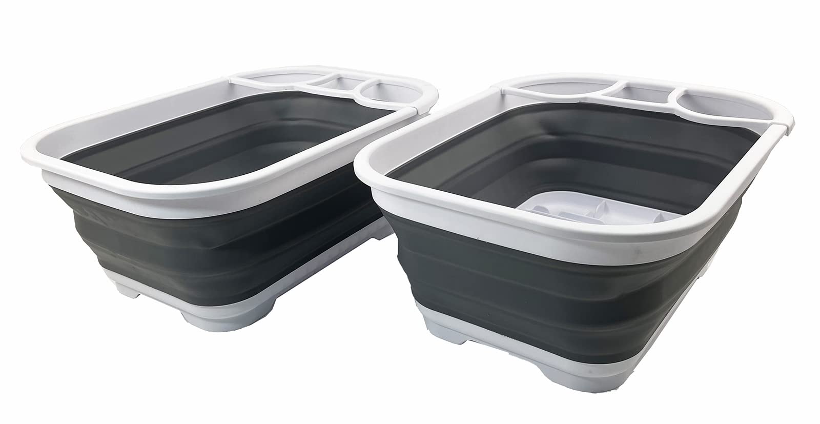 SAMMART 15L Collapsible Dish Drainer - Foldable Drying Rack - Portable Dinnerware Organizer - Space Saving Kitchen Storage Tray (White/Steel Grey (Set of 2))
