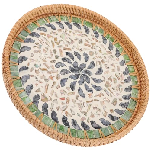 HOMOCONO Bandeja Decorativa Tejida a Mano de Ratán Conchas Multicolor, Cesta Redonda Pequeña 30 Cm para Servir Frutas y Pan, Cesta de Almacenamiento Multifunción para Hogar y Aperitivos